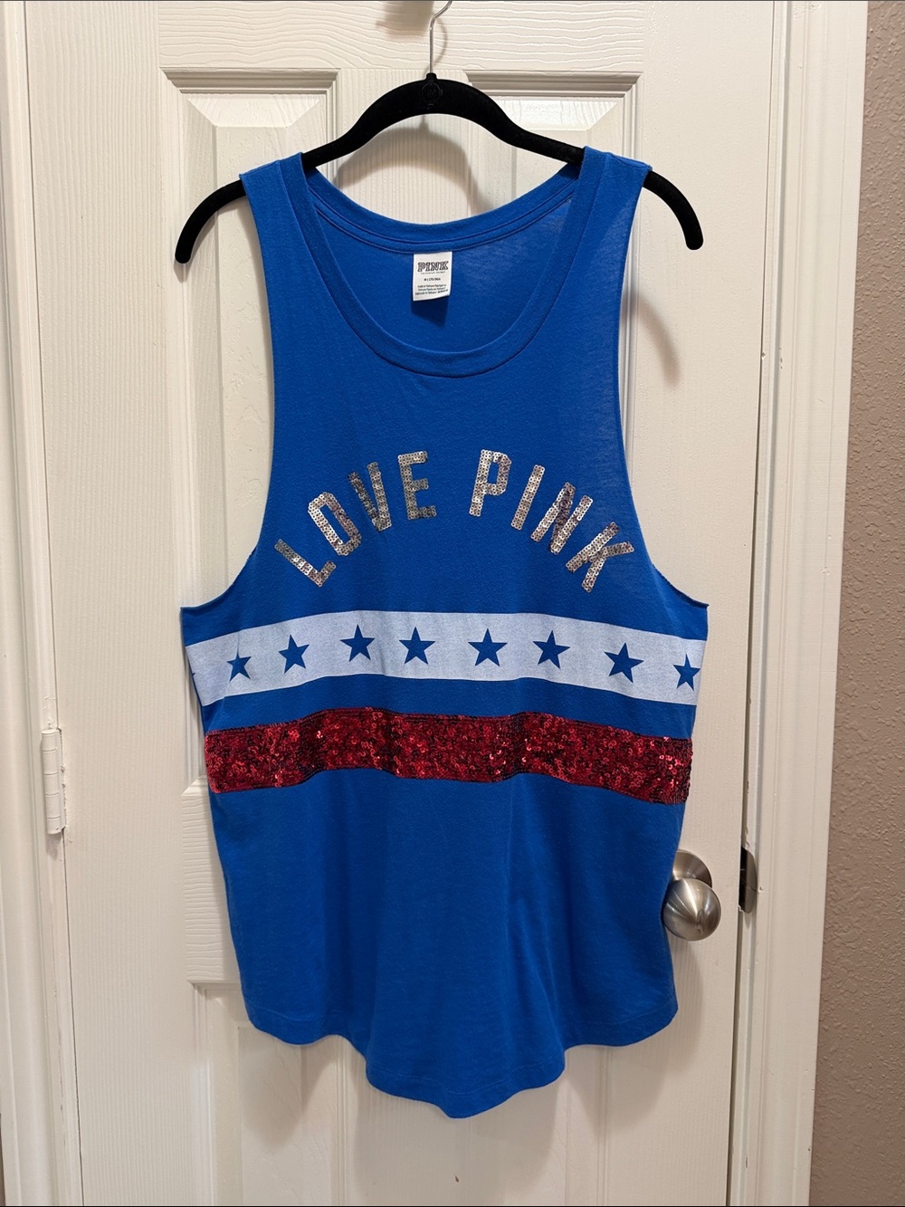 PINK Victoria's Secret Blue Tank w/Silver Sequin Lettering & Red Sequin Stripe